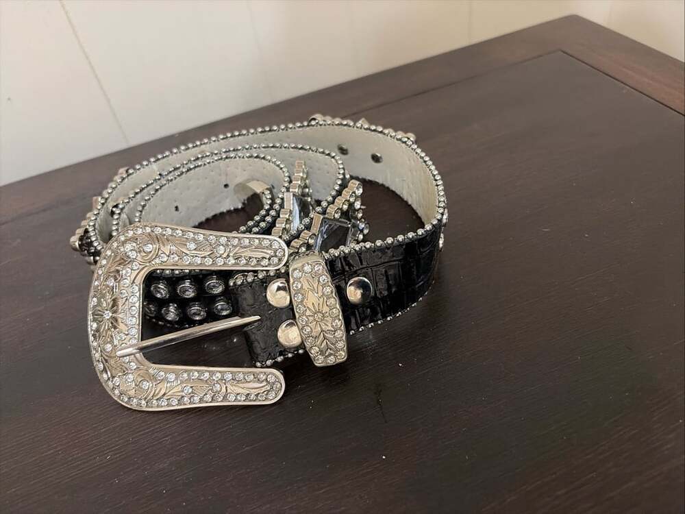 Western showmanship Rhinestone Studded Crocodile Leather Belt Black